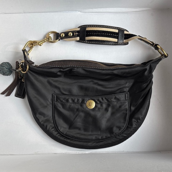 Coach Hampton Soho Black Satin Hobo Shoulder Bag, Teal Lining preowned - Picture 1 of 17